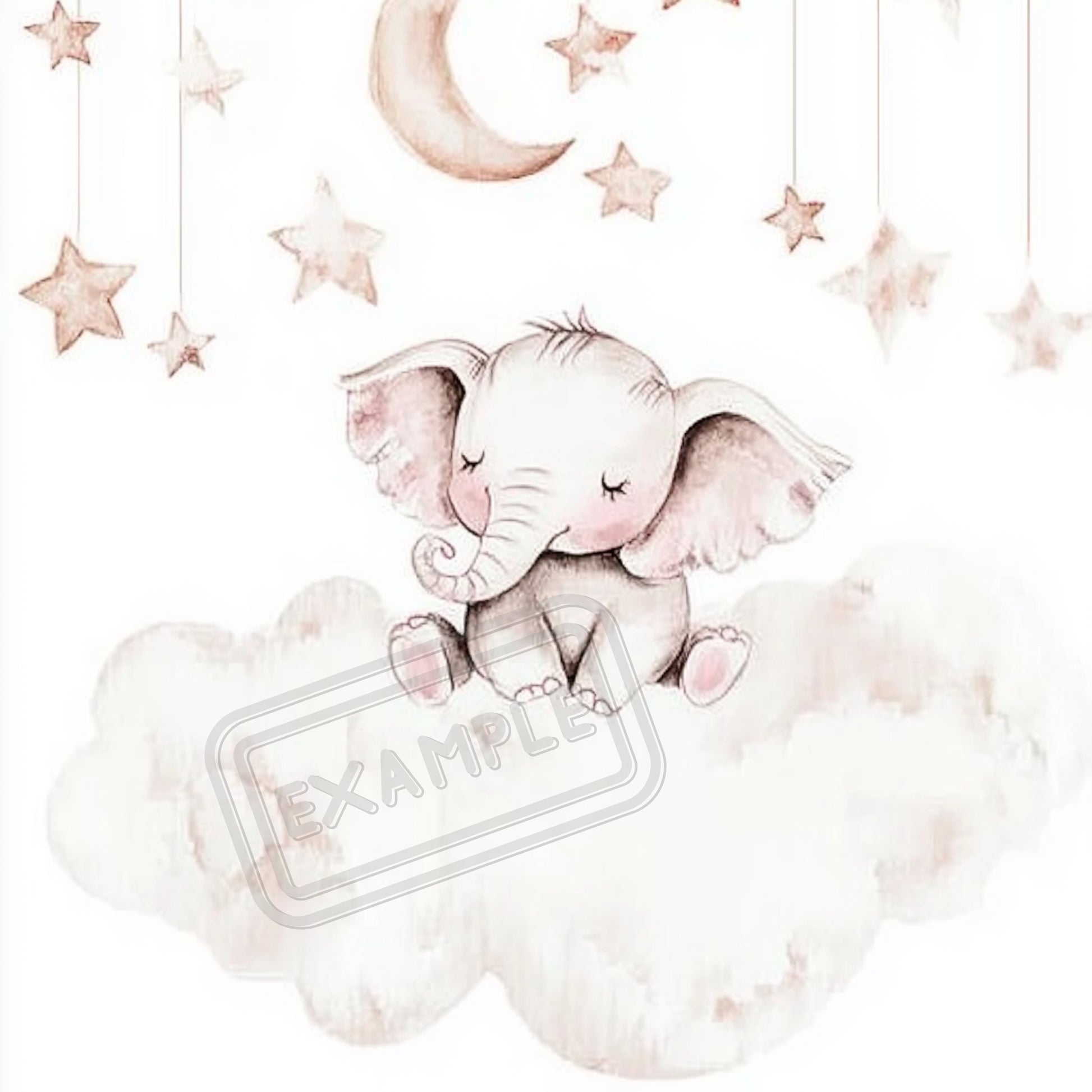 Adorable baby elephant on a cloud with beige stars and a moon, created from a nursery art prompt to inspire magical children's prints.