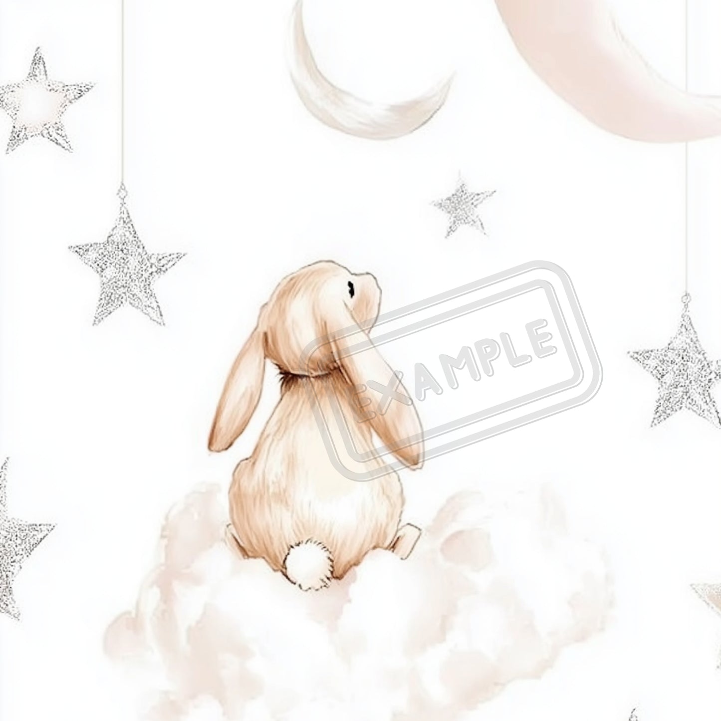 Sweet bunny illustration on a cloud, inspired by a nursery prompt for enchanting baby decor.