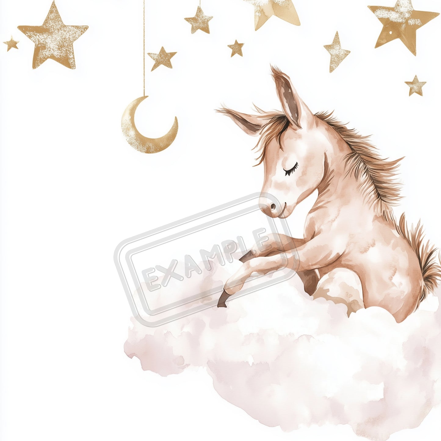 Soft watercolor donkey sitting on a cloud, generated from nursery art prompt for charming children's wall art.