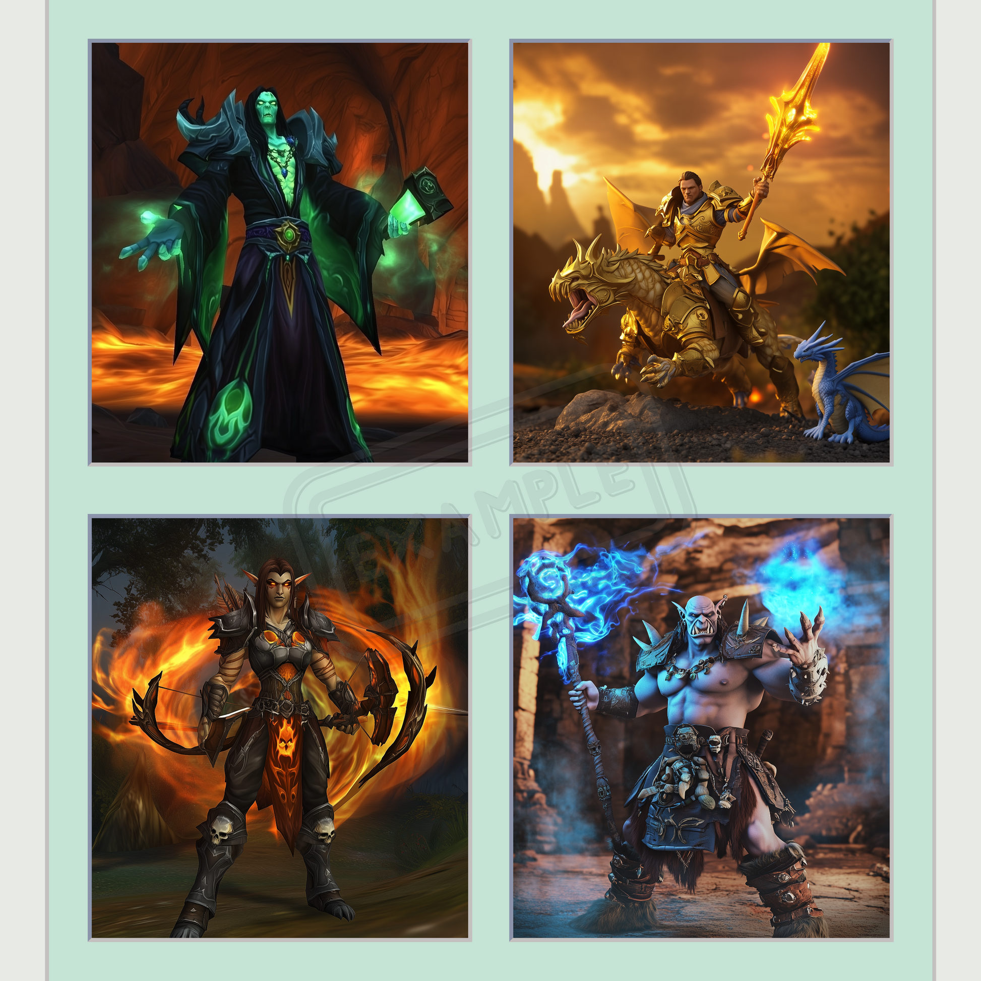 A collage of World of Warcraft-inspired characters showcasing a range of fantasy warriors, mages, and mystical creatures created with the design prompt.