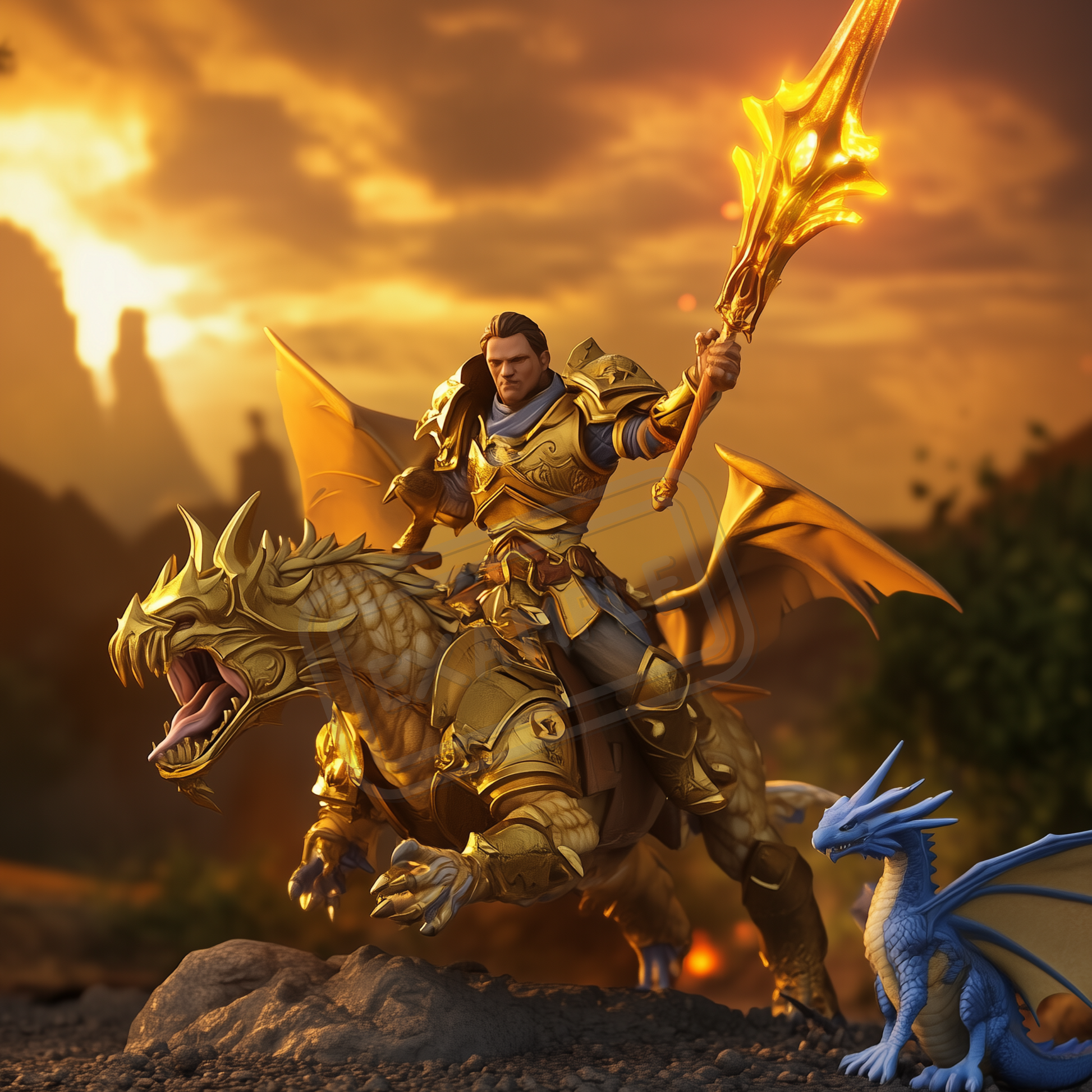 A heroic Human Paladin riding a mythical creature, wearing enchanted golden armor, holding a fiery sword. The background shows a battlefield at dawn, with a dragon companion flying nearby.