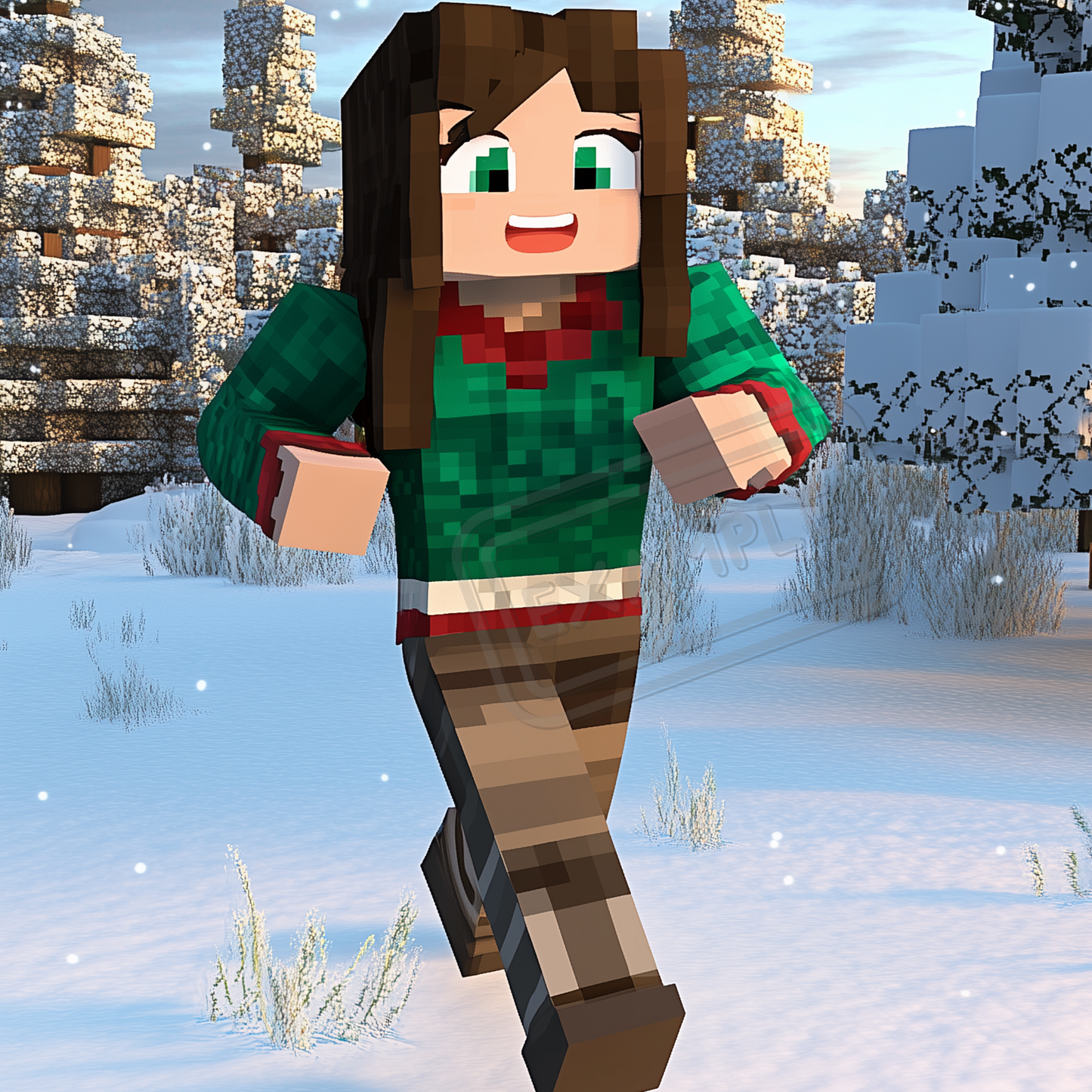 An example of a Minecraft character design created with AI prompts. The character is depicted in a fun action pose with a themed background, perfect for digital or physical products like T-shirts or posters.