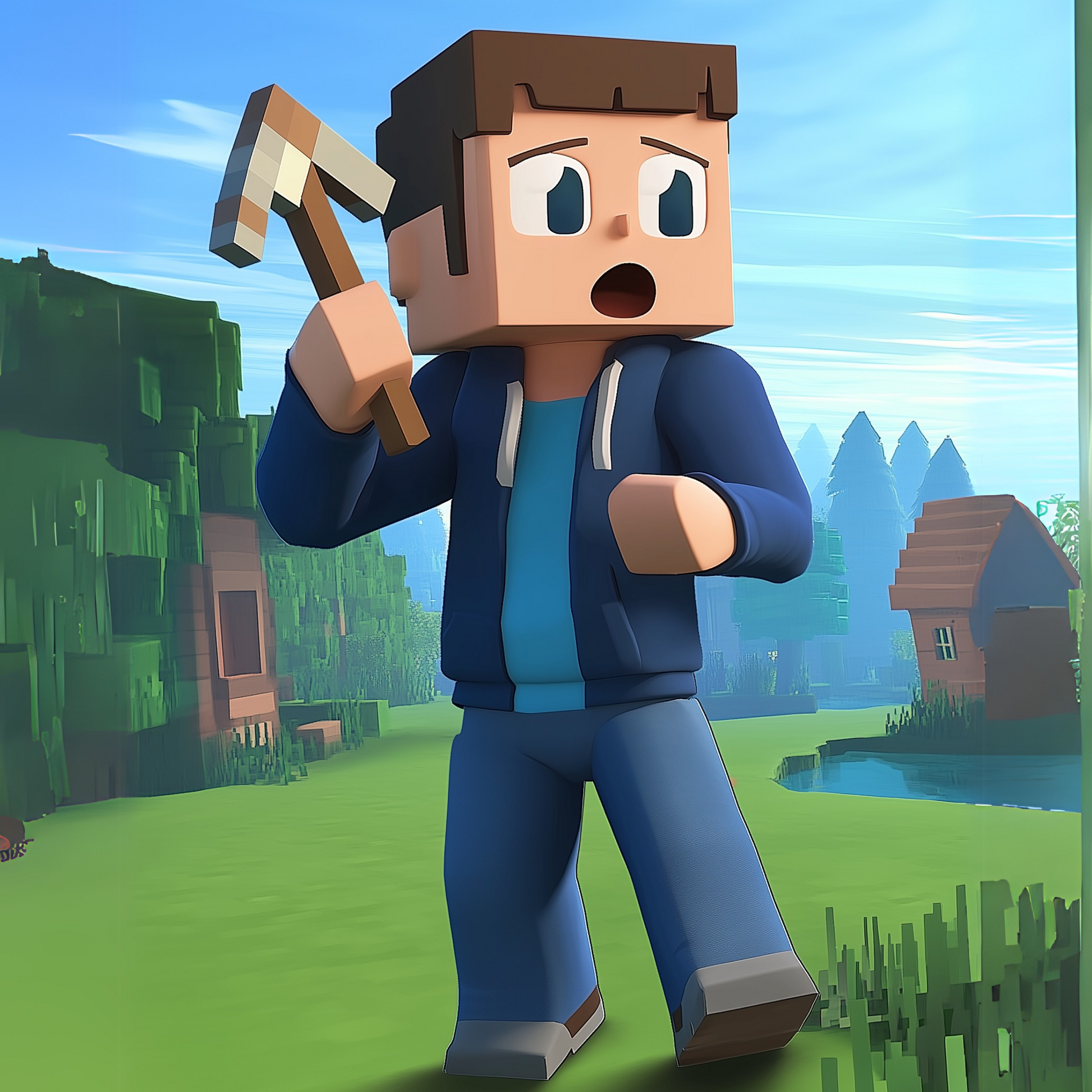 A second Minecraft-inspired character design, showcasing a different pose, outfit, and background. Created using AI prompts to customize character features and expressions.