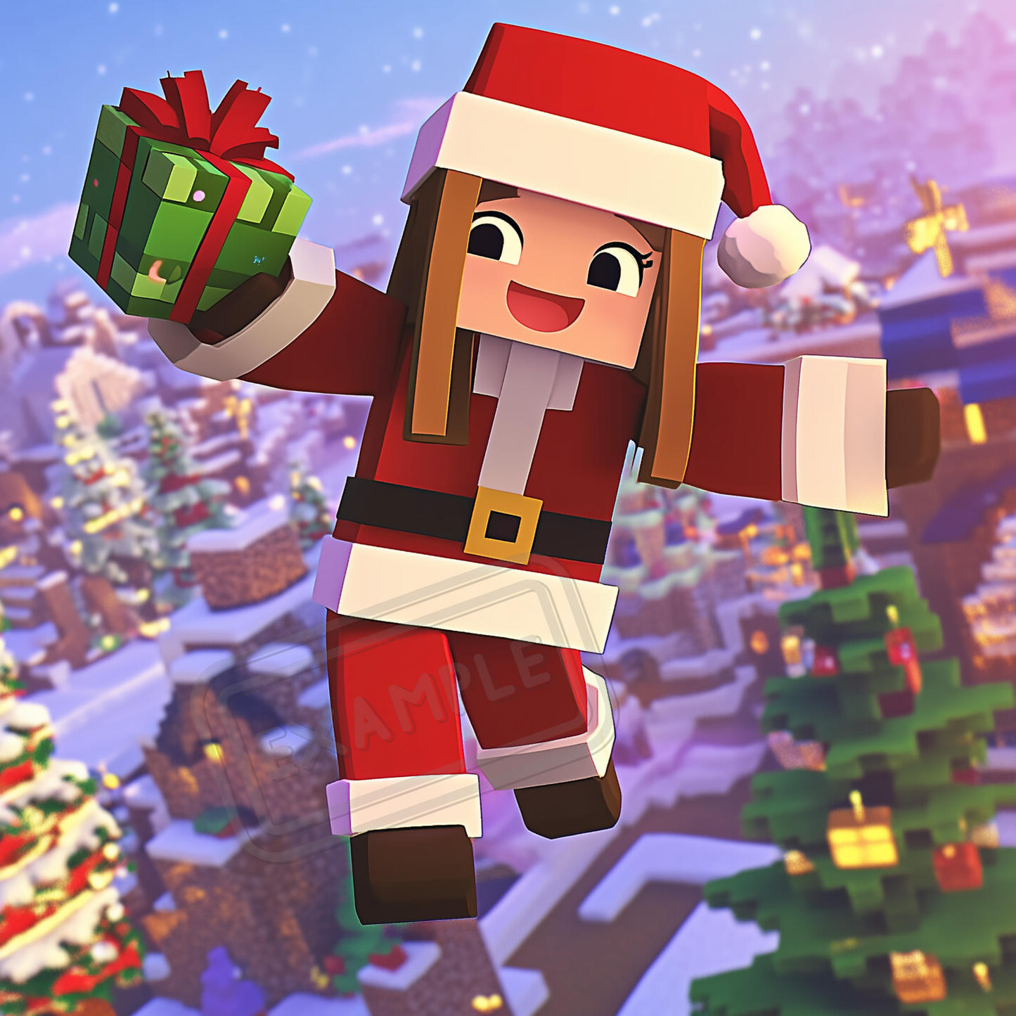 Christmass Minecraft-inspired character design, showcasing a different pose, outfit, and background. Created using AI prompts to customize character features and expressions.