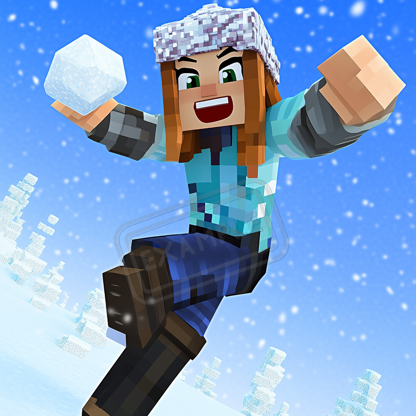 snow Minecraft-inspired character design, showcasing a different pose, outfit, and background. Created using AI prompts to customize character features and expressions.