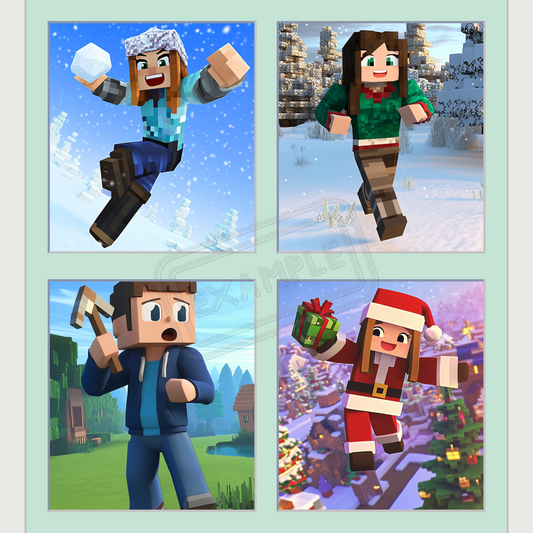 A collage of four Minecraft character designs created using AI prompts. Each character has different poses, outfits, and backgrounds, ideal for custom T-shirts, wall art, and more.