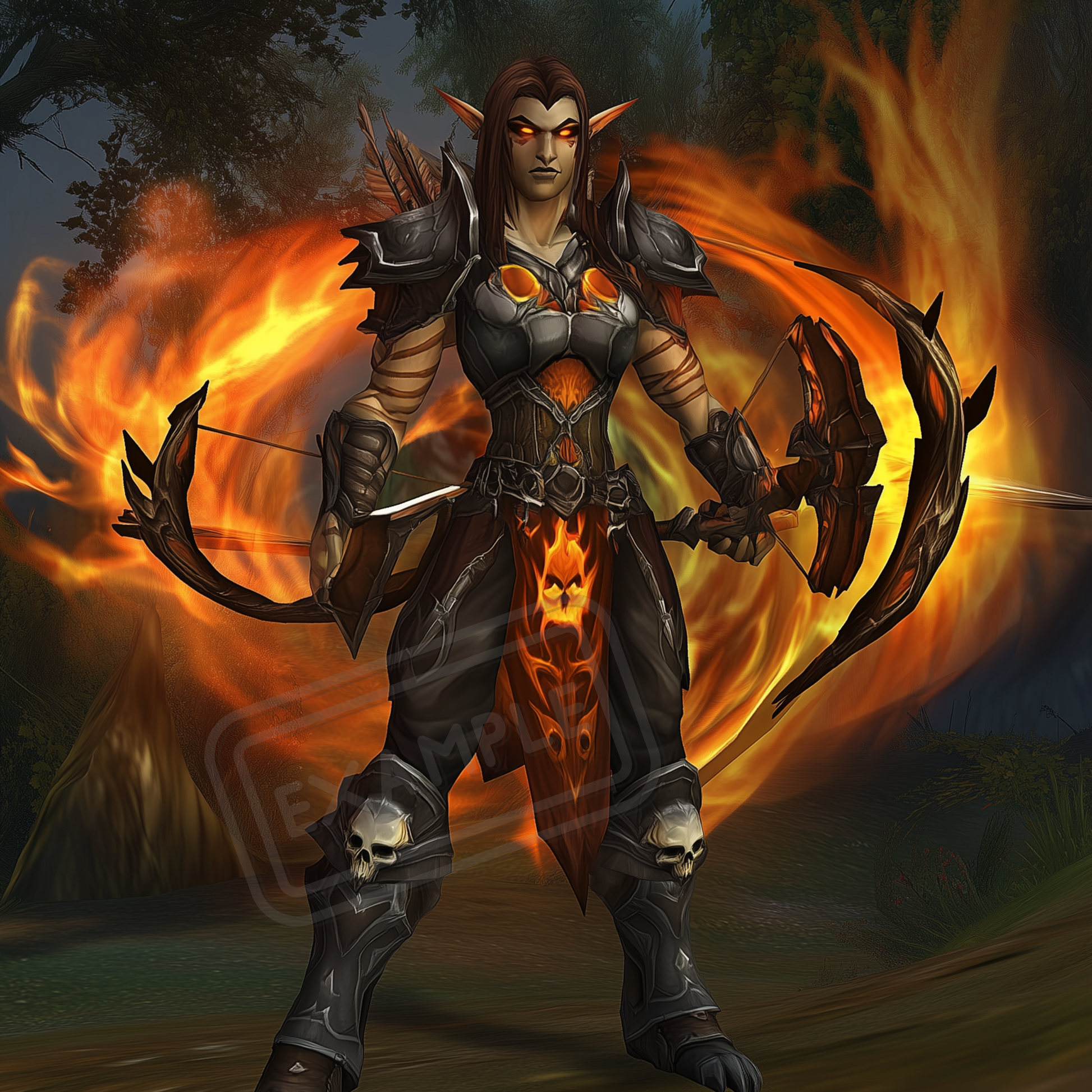 A detailed World of Warcraft-inspired Night Elf Archer with dark leather armor, standing in a battle-ready pose, set against a mystical forest background. A fierce expression and enchanted bow complete the look.