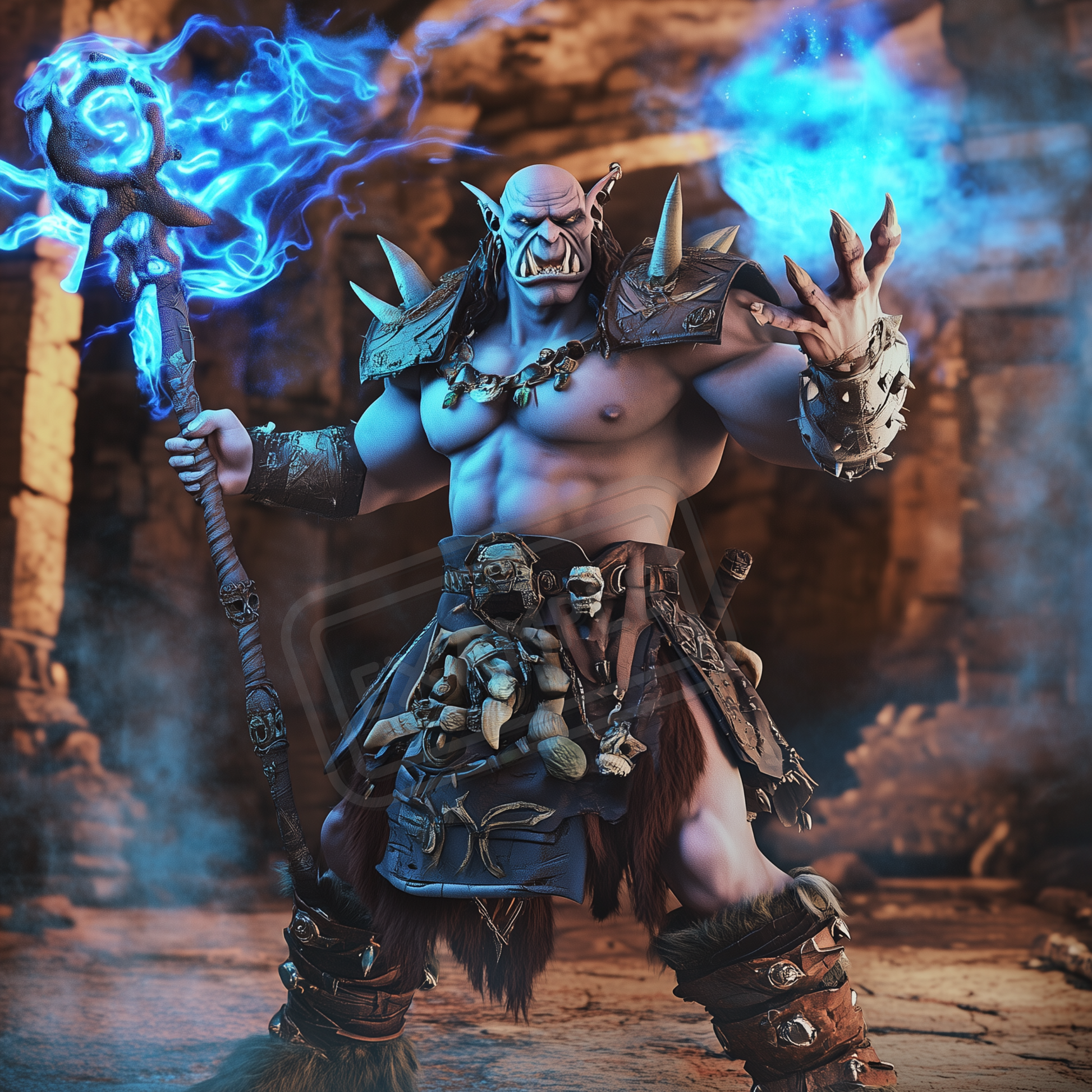 A powerful Orc Shaman in rugged attire, casting a spell with a glowing staff, surrounded by ancient ruins. A floating elemental spirit adds to the mystical vibe.