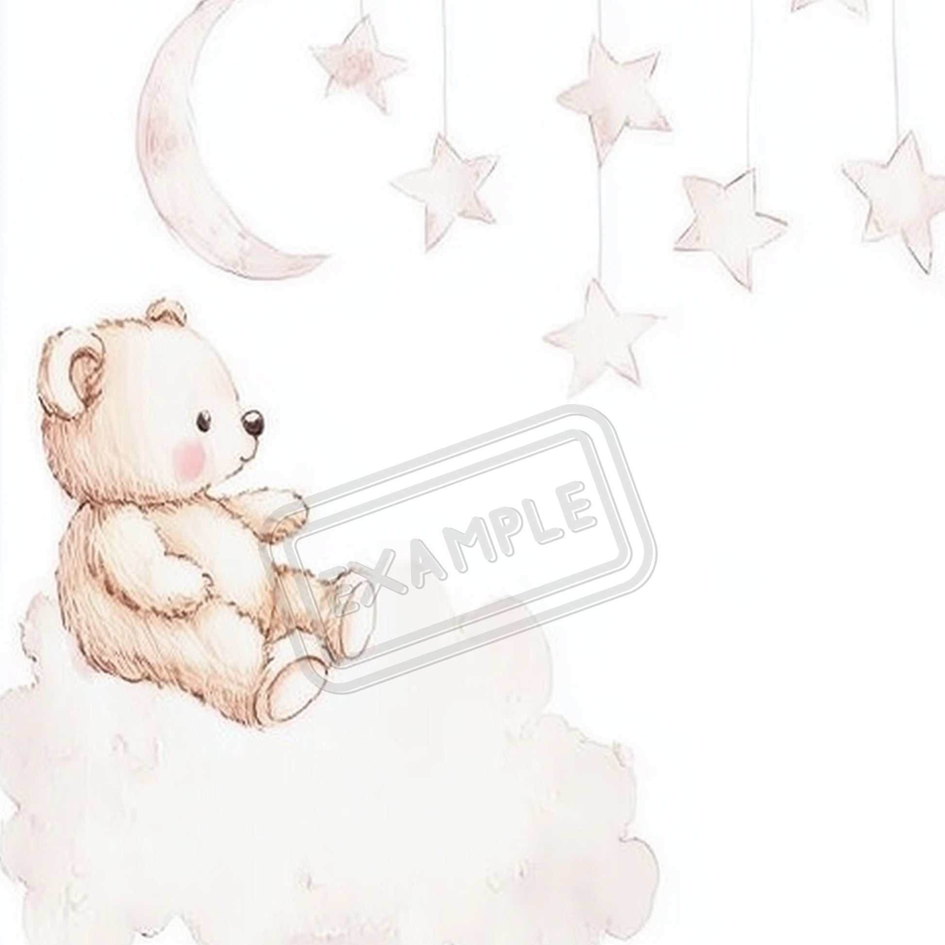 Cute teddy bear on a white cloud, generated with a whimsical nursery art prompt, perfect for creating cozy baby room art.