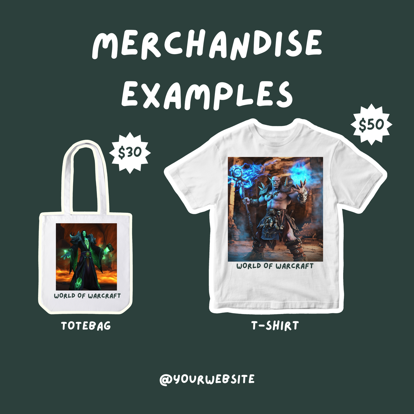 A display of merchandise featuring World of Warcraft-inspired character designs on T-shirts, posters, and holiday cards. Each design showcases a character from the prompt package in epic battle-ready poses.

